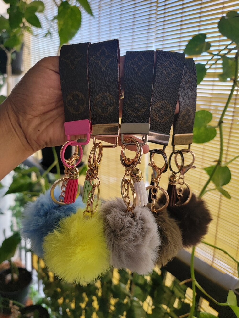 5pcs Brown Mono Wristlet Keychain with Pom Pom Keychains Charm